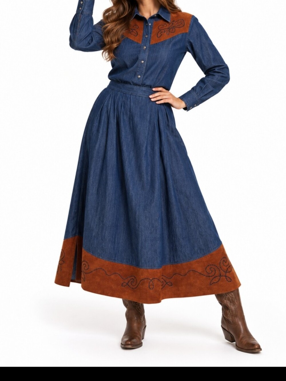 Vintage Lucille Western Denim Two Piece Skirt & Shirt Set Brown Embroidered L
